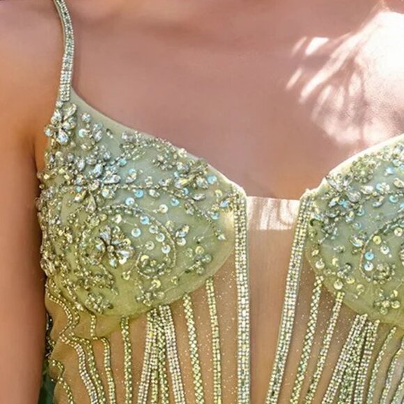 New Sage Sheath Evening Soft Satin Gown w/ Lace Up Back & Sexy Leg Slit GL3817 - Picture 6 of 14